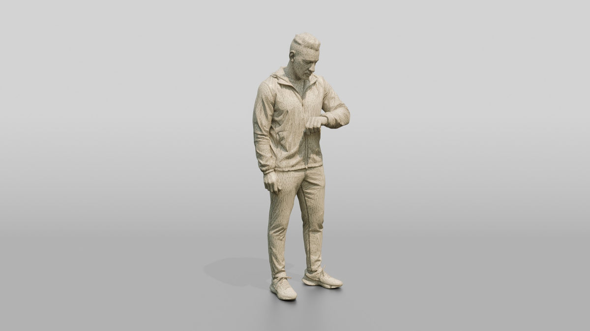 Black Man Checking His Watch in Windbreaker - wireframe topology preview