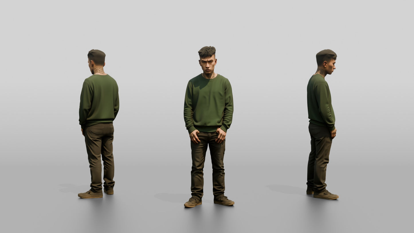 East Asian Male Prisoner in a Green Crewneck Sweatshirt