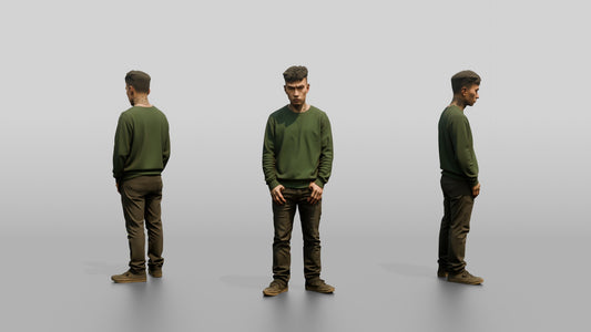 East Asian Male Prisoner in a Green Crewneck Sweatshirt