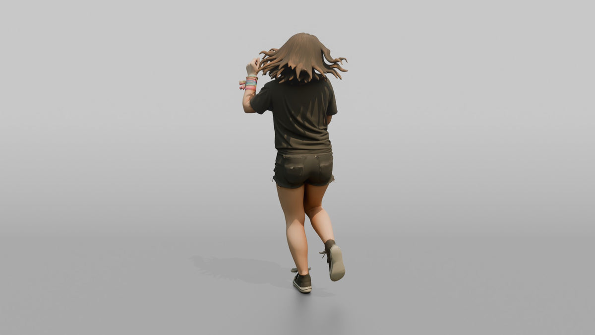 Patron Woman Dancing Energetically, Bright Colorful Wristbands Stacked - 3D character model, view 3