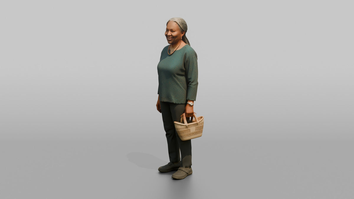 Woman Customer Carrying A Small Woven Basket - 3D character model, view 4