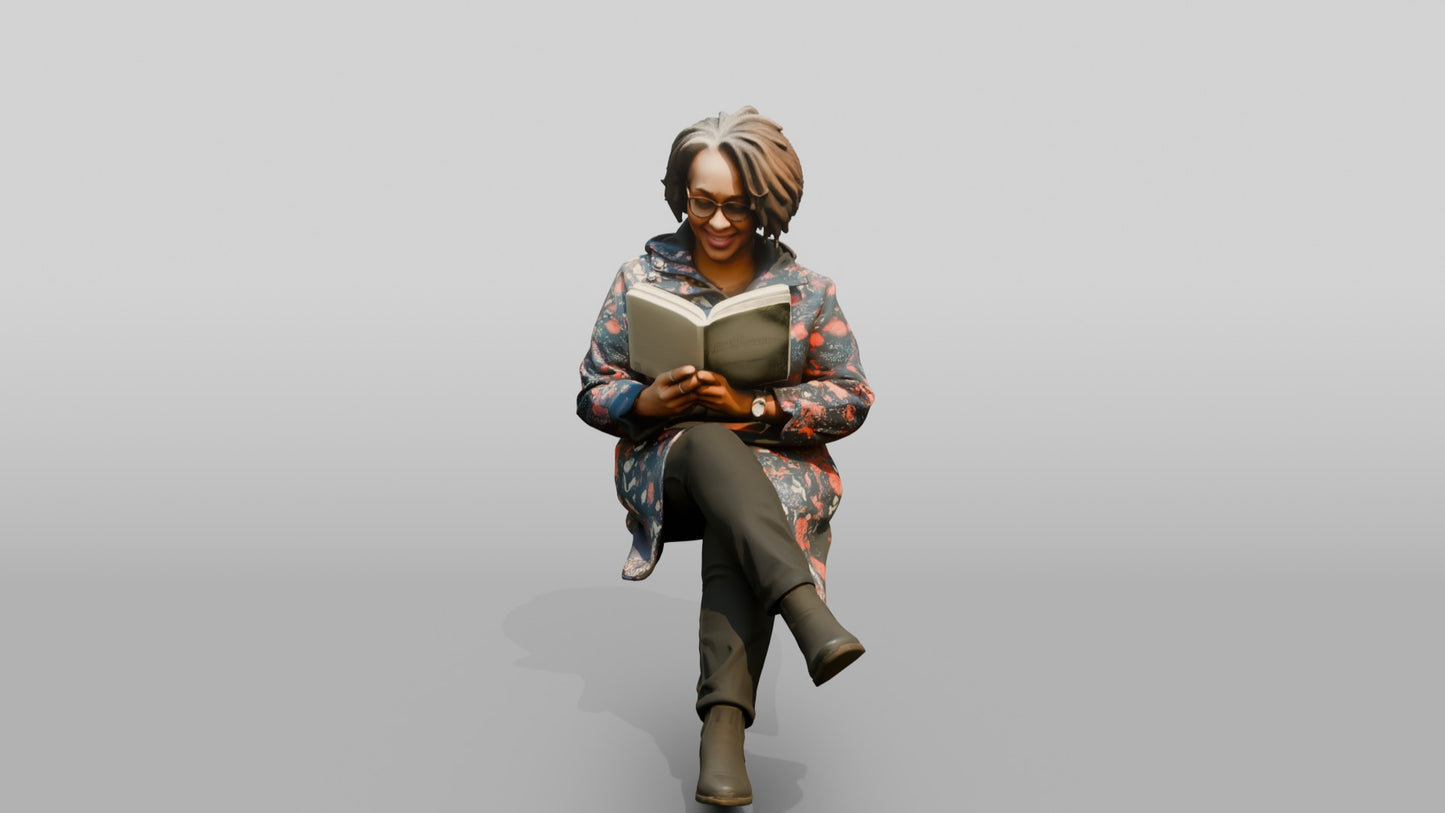 Black Woman Reading a Book in Patterned Raincoat