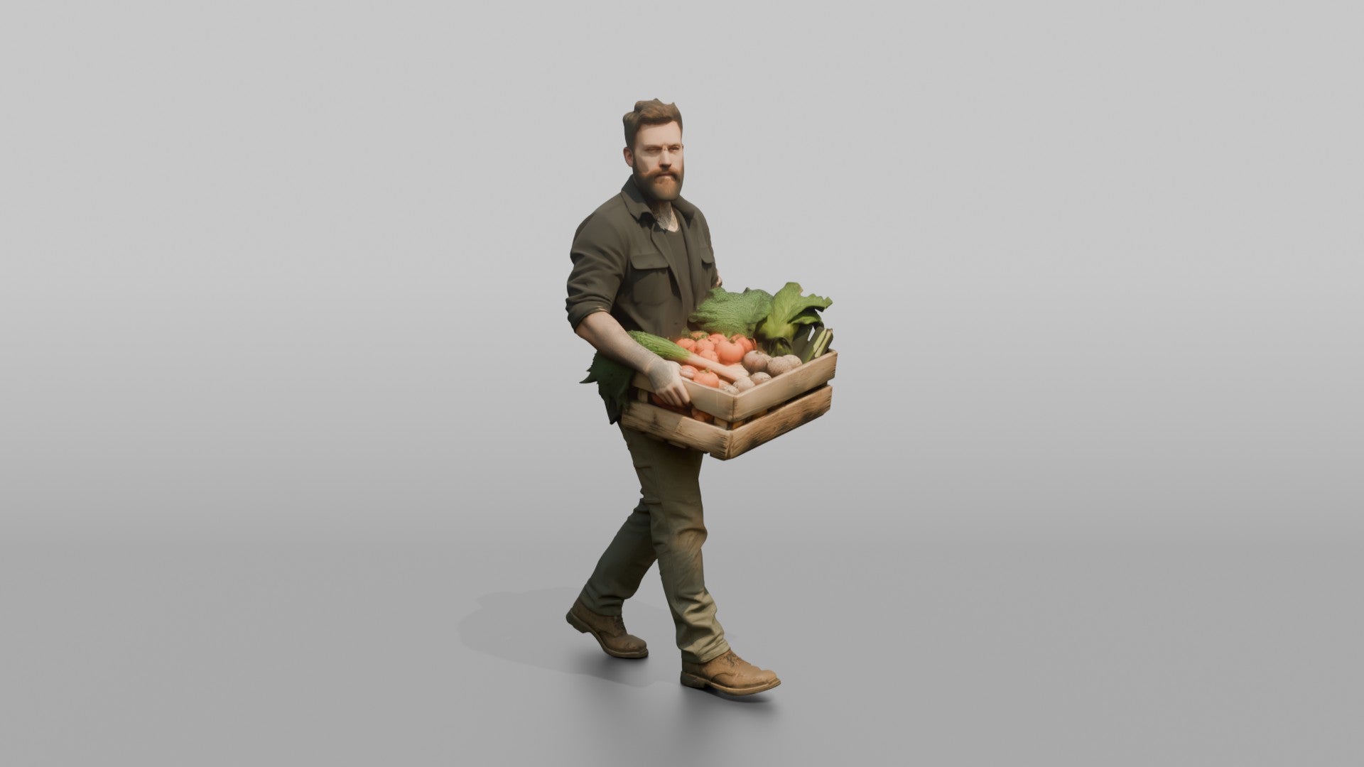 Farmer Carrying Wooden Crate Filled Harvested Organic