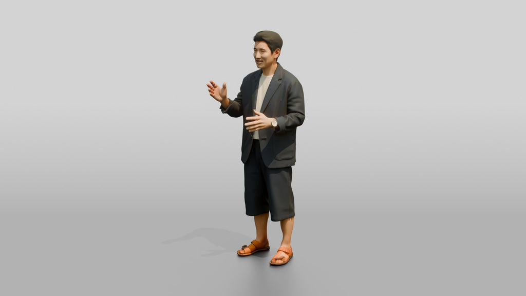 Man Gesturing in Summer Blazer and Shorts