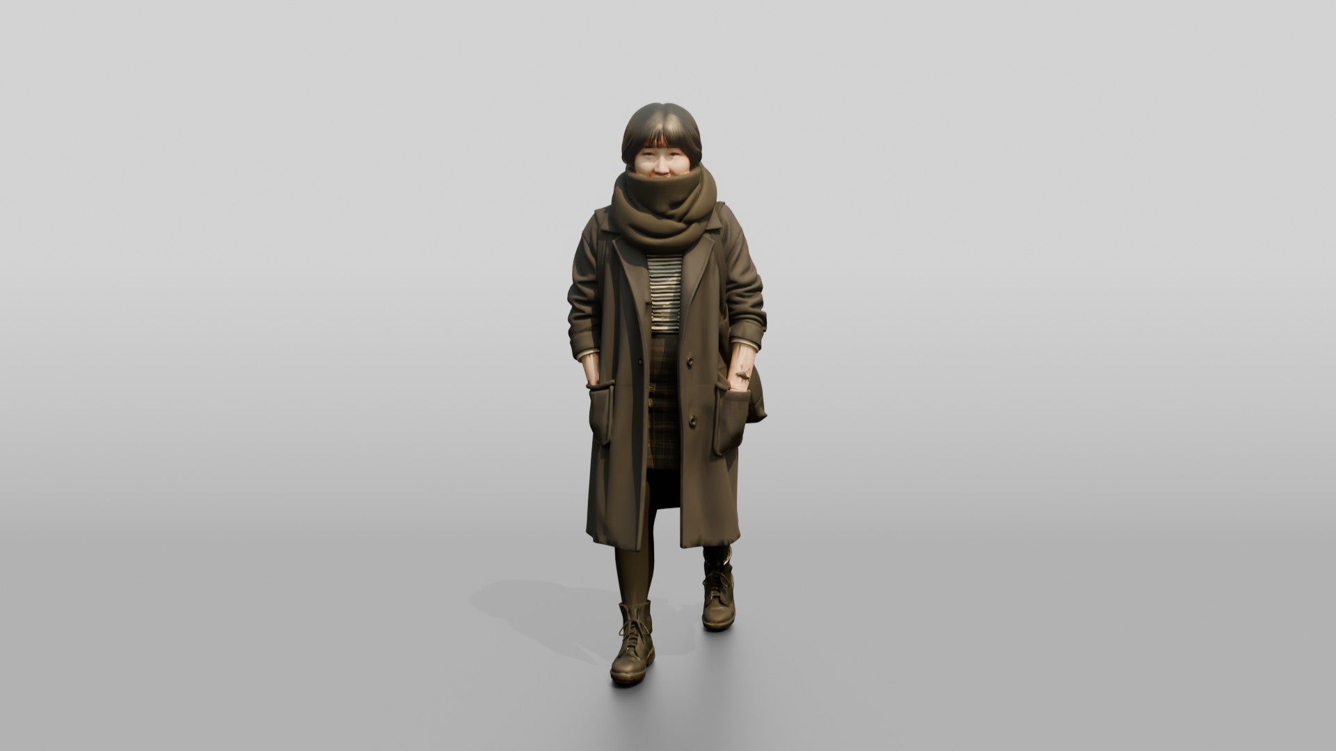 Asian Woman Walking in Oversized Scarf