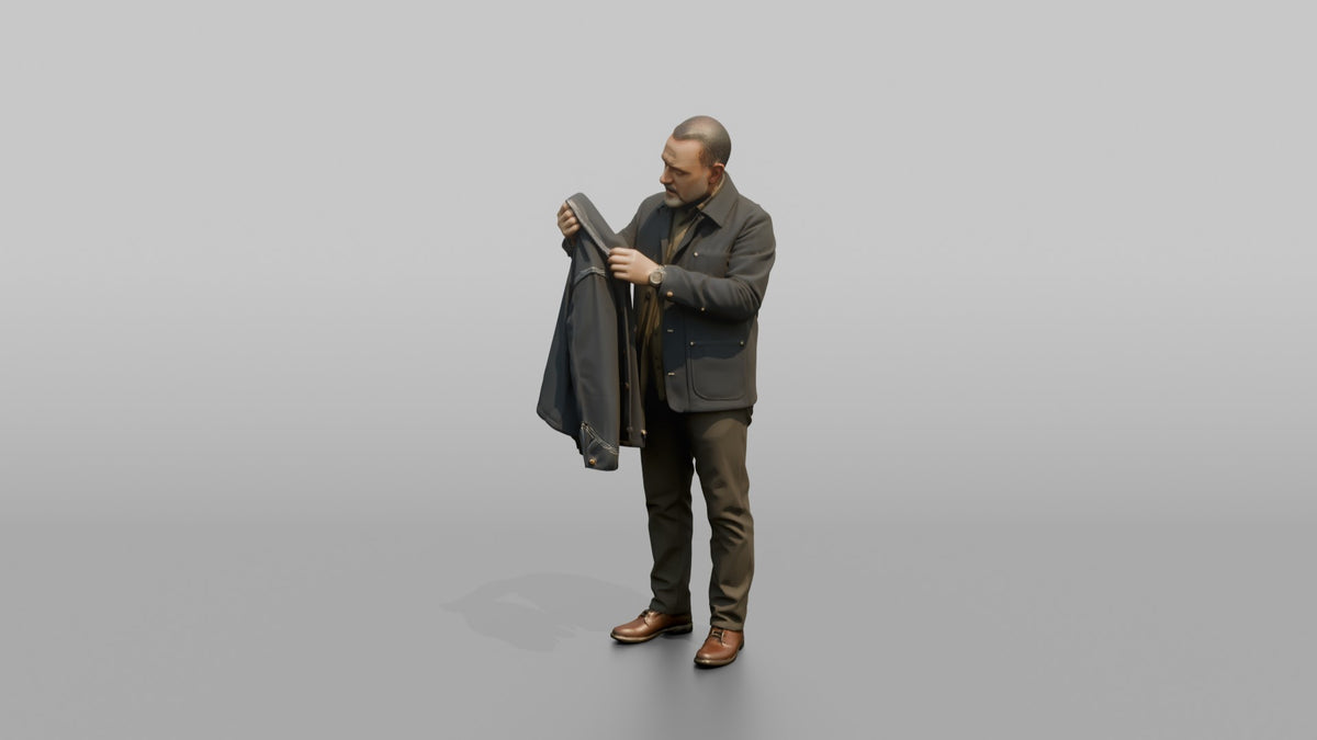 Man Customer Inspecting The Stitching On A Jacket Sleeve - 3D character model, view 4