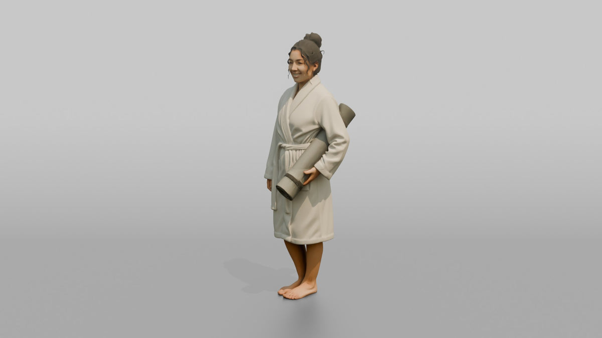 Spa Client Woman Standing Holding A Rolled Yoga Mat, Robe On - 3D character model, view 4