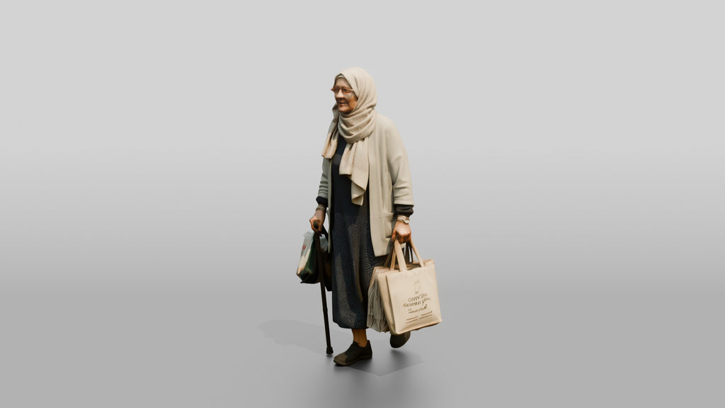 Elderly Slender Syrian Woman in Hijab Carrying Shopping Bags