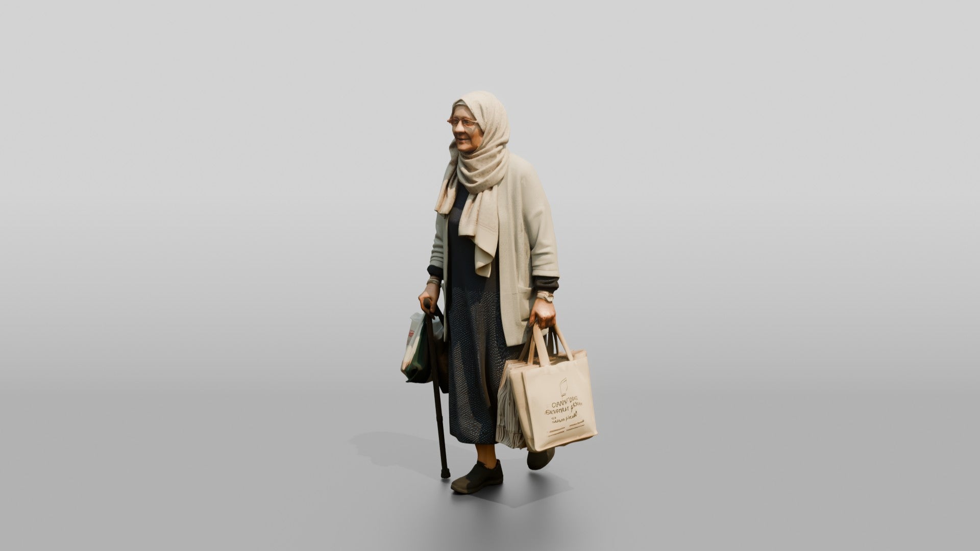 Elderly Slender Syrian Woman in Hijab Carrying Shopping Bags