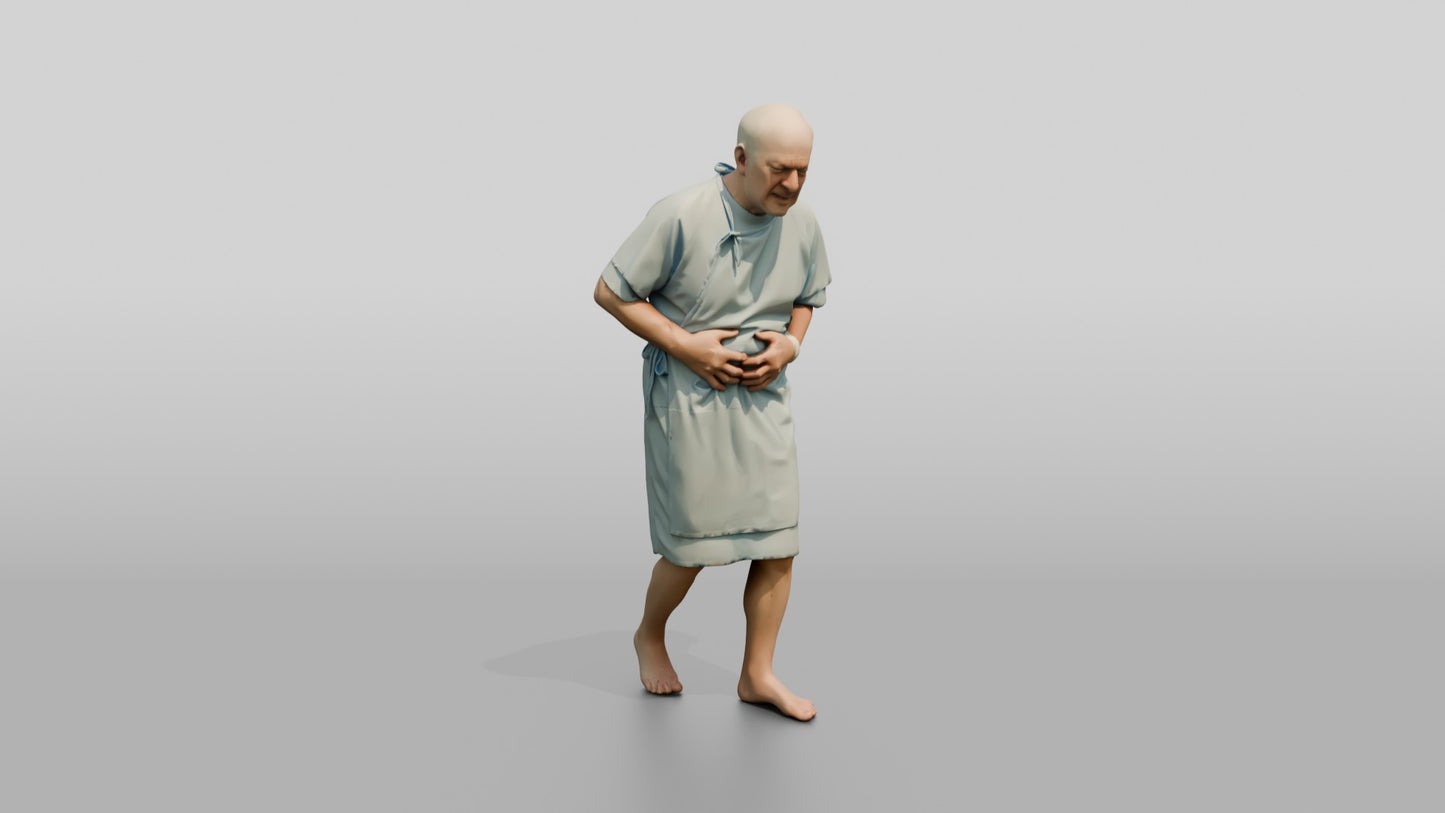 Elderly Man Patient Walking with Stomach Pain
