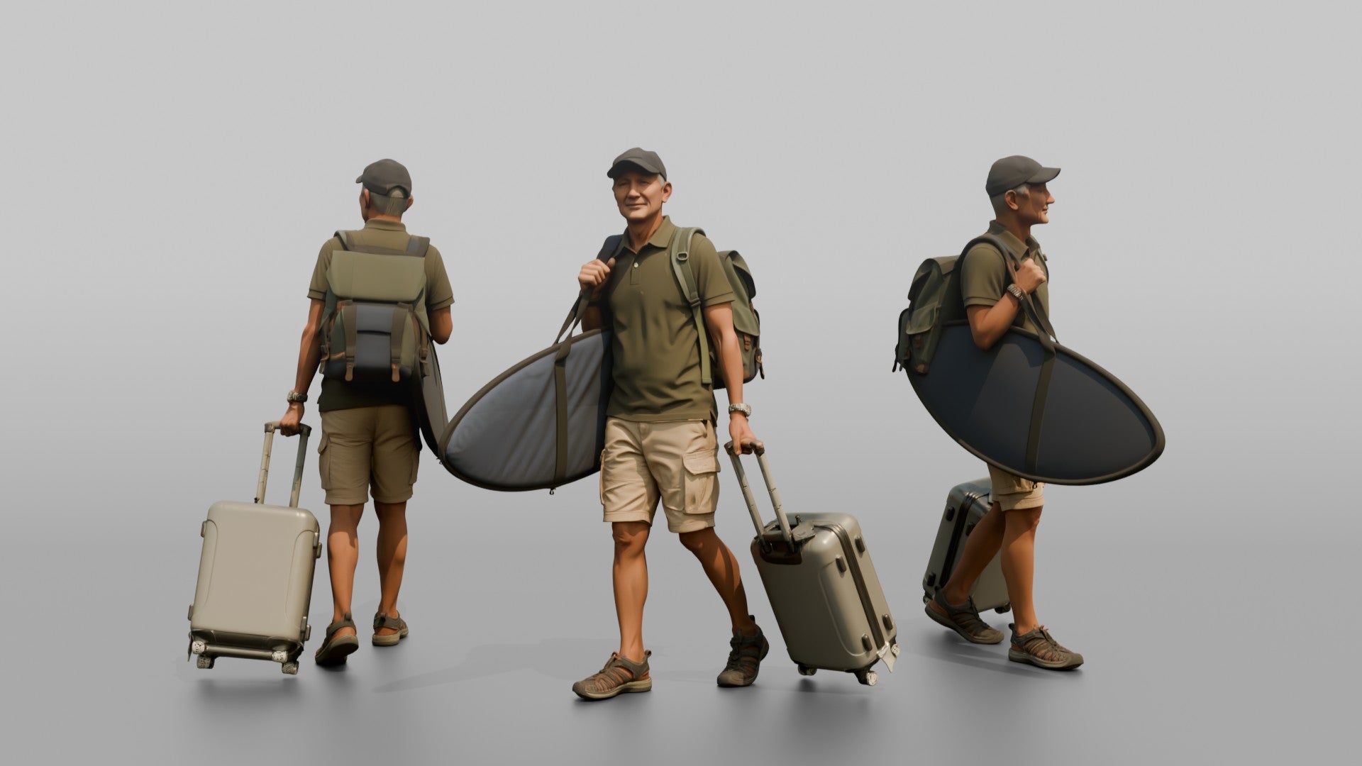 Traveler Carrying A Surfboard And Backpack