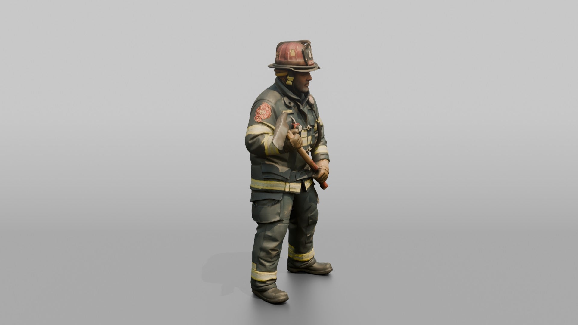Firefighter Man Holding a Fire Axe in a Ready Stance