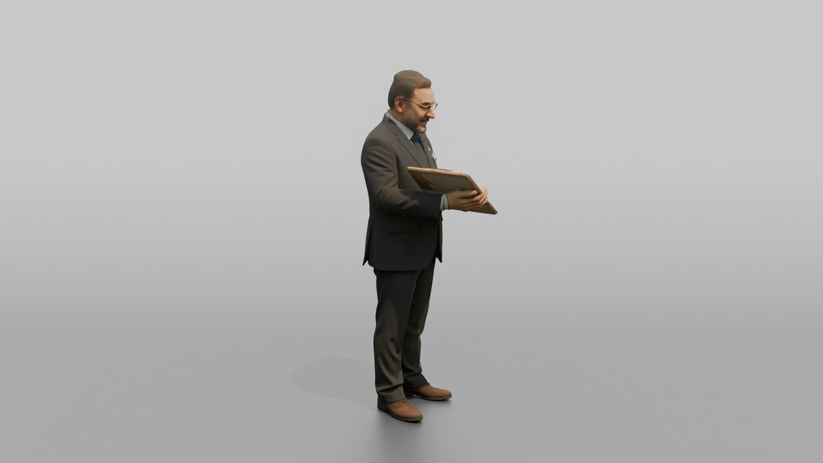 Receptionist Man Holding A Pen, Signing A Form - 3D character model, view 2