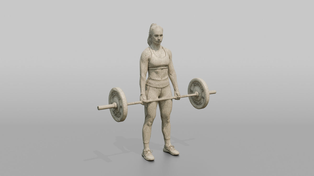 Weightlifter Woman Holding A Loaded Barbell At The Hips Ready To Lift - wireframe topology preview