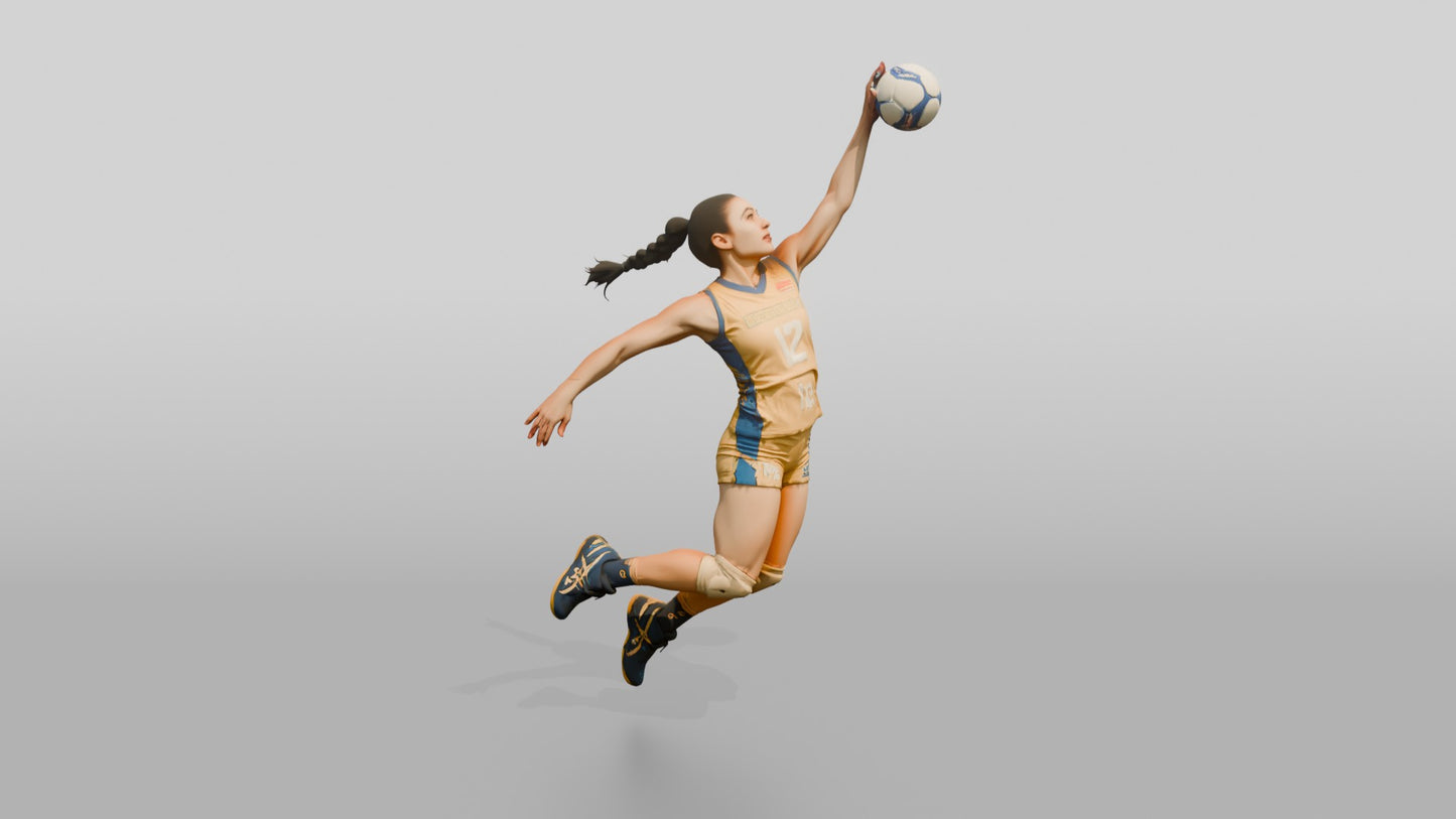 Hispanic Female Volleyball Player in Gold and Blue Uniform