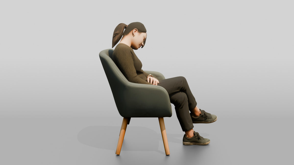 Homeless Woman Sleeping Sitting Up with Her Chin on Her Chest - 3D character model, view 2