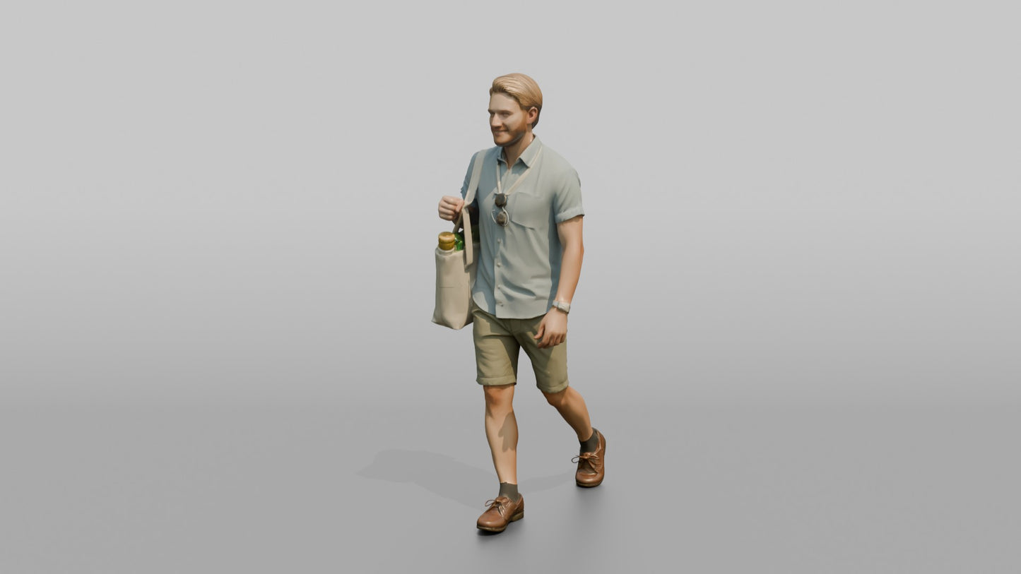 Scandinavian Man Walking in a Linen Shirt and Shorts