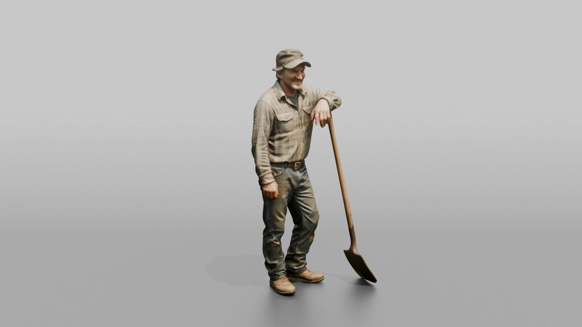 Farmer Leaning On Long Wooden Shovel - 3D character model, view 1