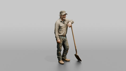 Farmer Leaning On Long Wooden Shovel - 3D character model, view 1
