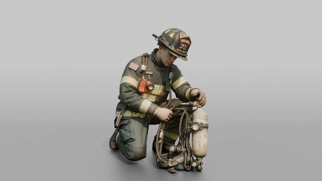 Firefighter Man Crouching While Inspecting an SCBA Valve Assembly