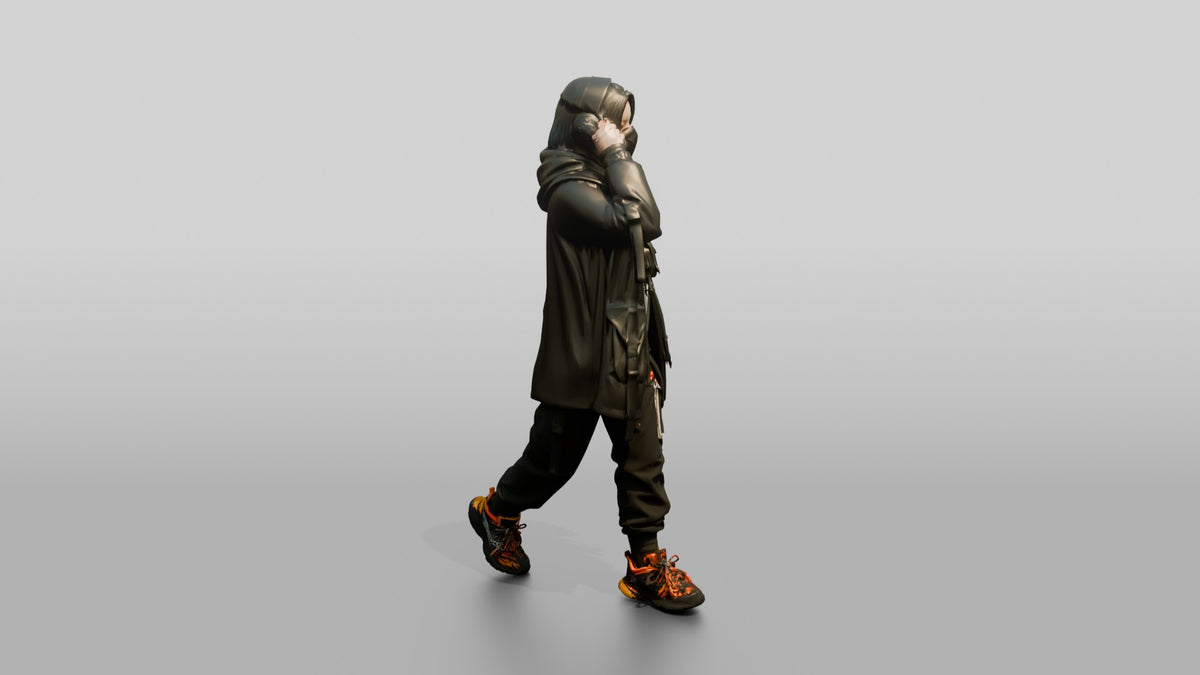 Techwear Woman with Headphones and Tech Vest - 3D character model, view 2
