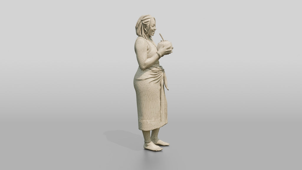 Curvy African Woman Drinking a Coconut in a Wrap Skirt