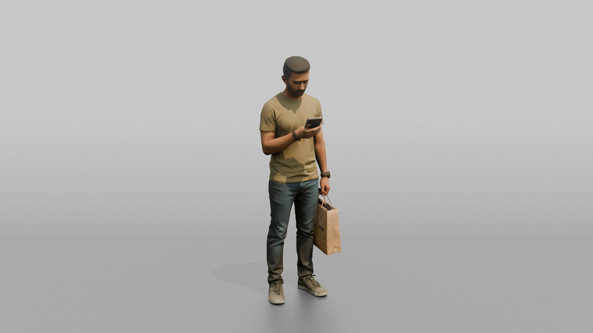 Man Customer Checking His Phone While Holding A Shopping Bag - 3D character model