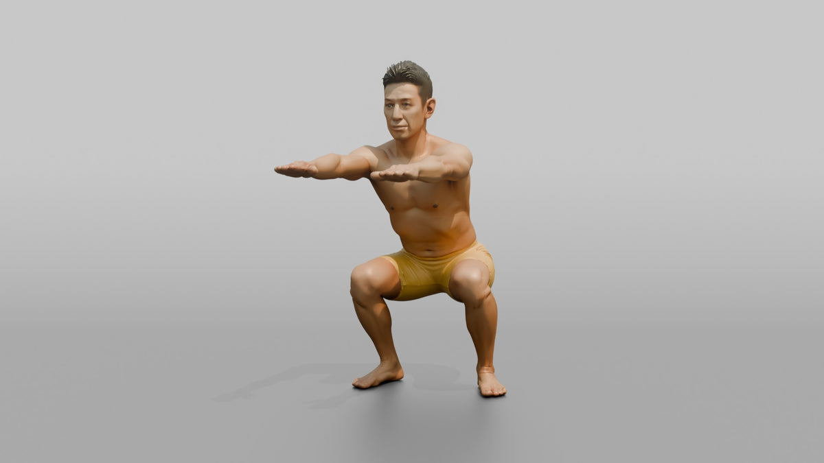 Bodyweight Athlete Man Doing A Bodyweight Squat, Arms Extended Forward - 3D character model, view 2