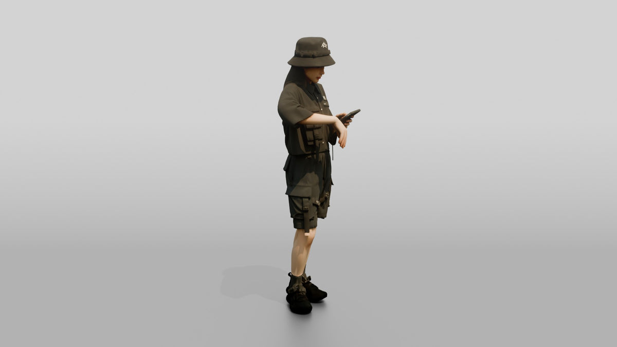 Techwear Woman Checking Her Phone - 3D character model, view 2