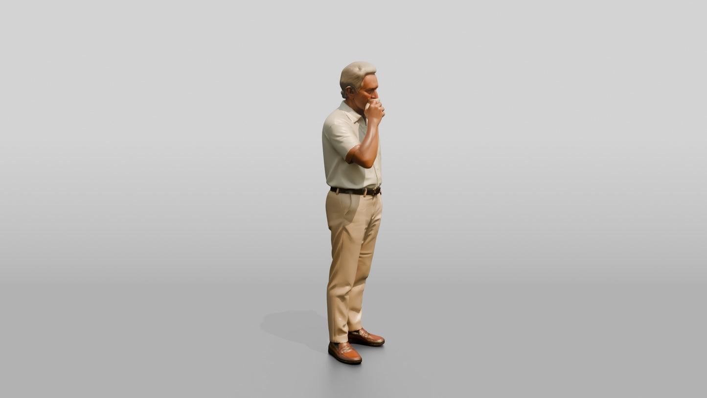 Elderly Slender Spanish Man Sipping Espresso