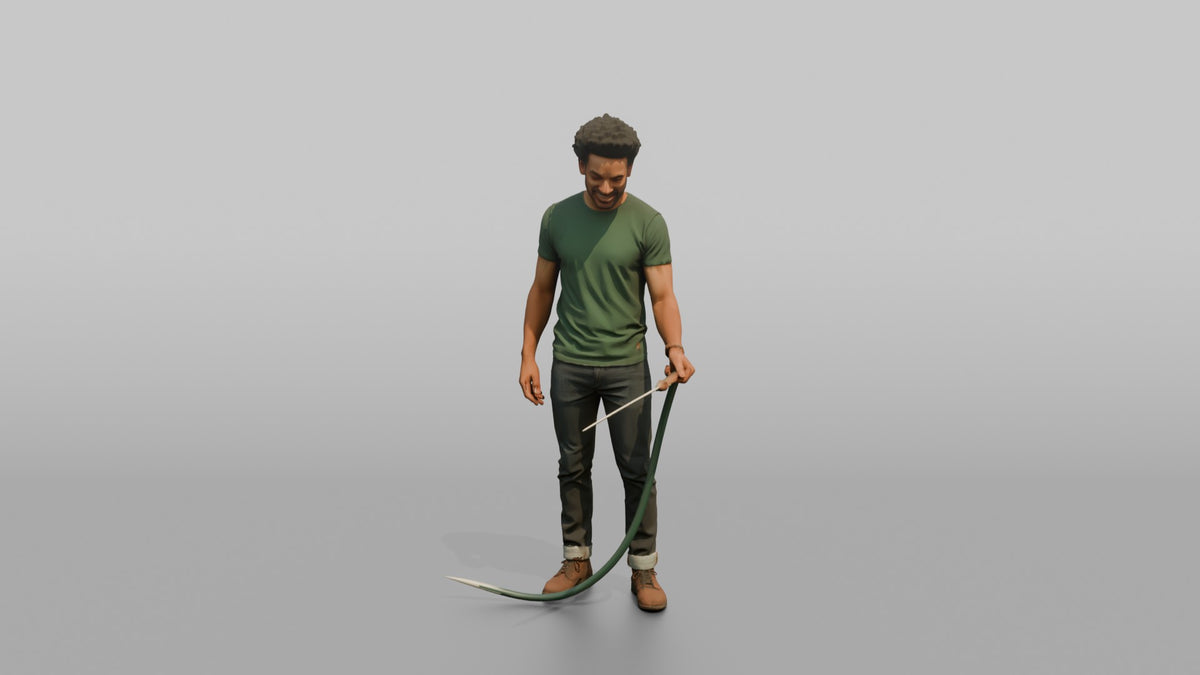 Father Holding A Garden Hose, Watering Unseen Plants - 3D character model, view 4