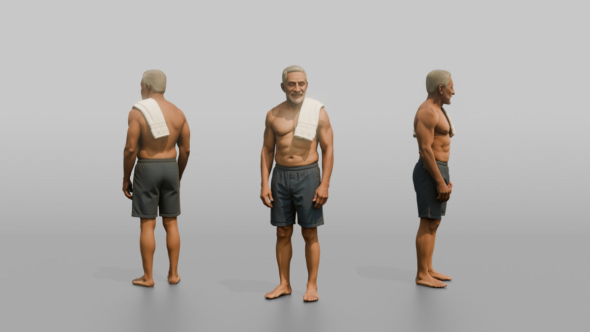 Spa Client Man Standing With A Small Hand Towel Over One Shoulder, Relaxed - 3D character model, view 1
