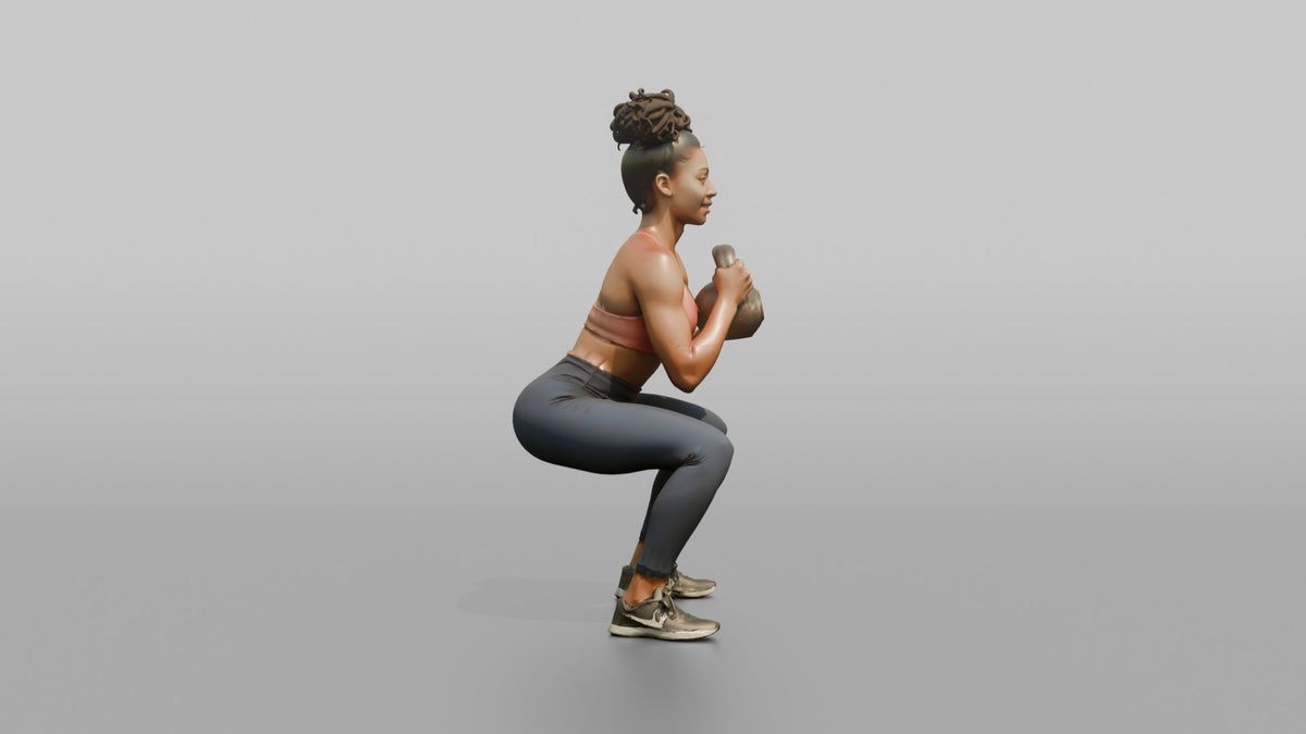 Weightlifter Woman Holding A Kettlebell In A Goblet Squat Position - 3D character model, view 5