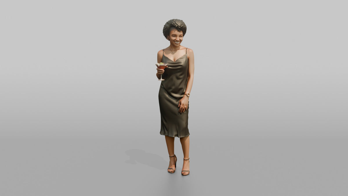 Patron Woman Standing Holding A Cocktail Glass, Relaxed Pose - 3D character model
