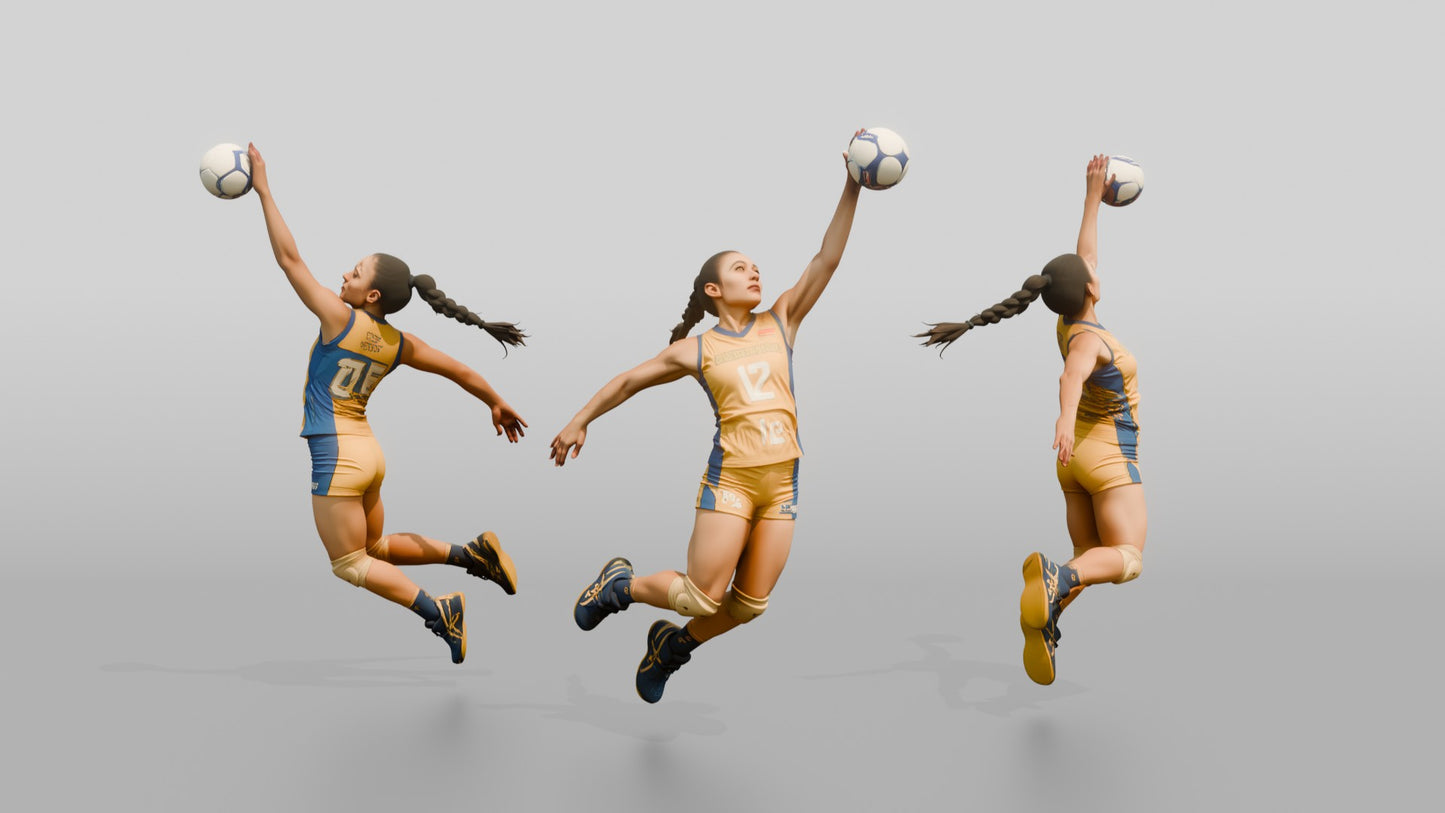 Hispanic Female Volleyball Player in Gold and Blue Uniform
