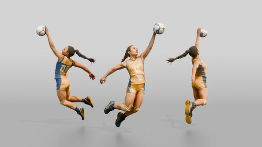 Hispanic Female Volleyball Player in Gold and Blue Uniform