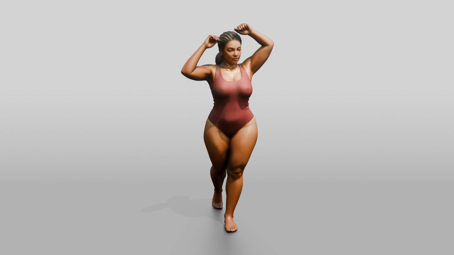 Curvy Woman in Rose Two-Piece Swimsuit Arms Raised