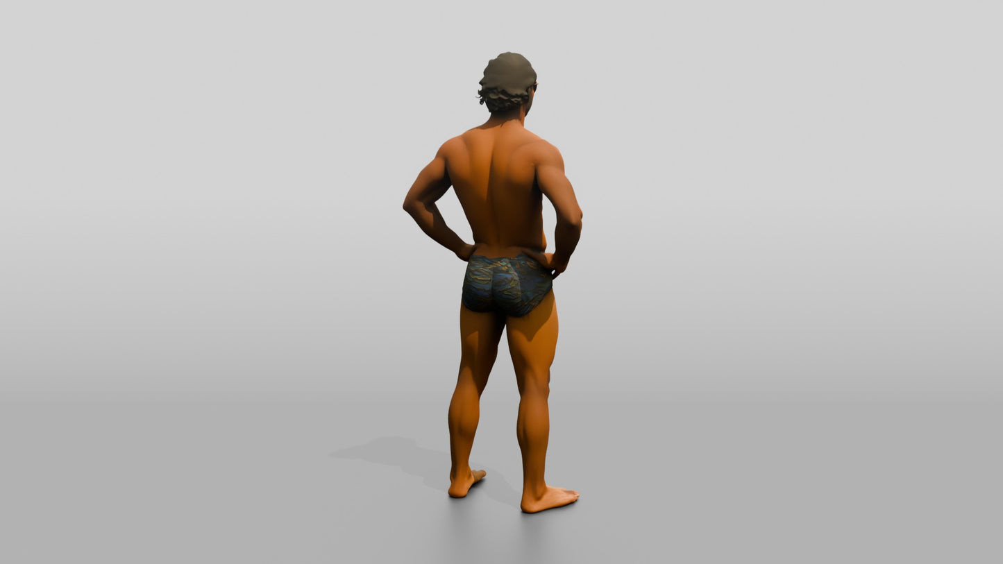 Latino Man in Geometric Swim Brief Beach Pose