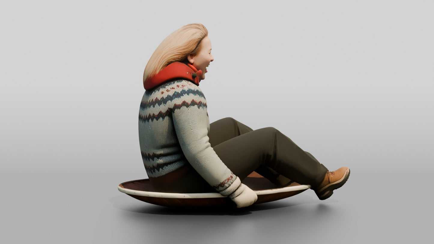 Norwegian Woman Sledding Down a Slope