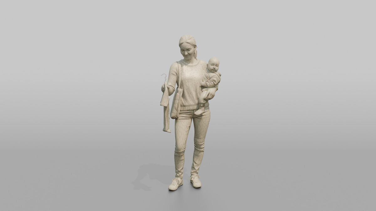 Woman Customer Carrying A Baby On Her Hip While Browsing Baby Clothes - wireframe topology preview