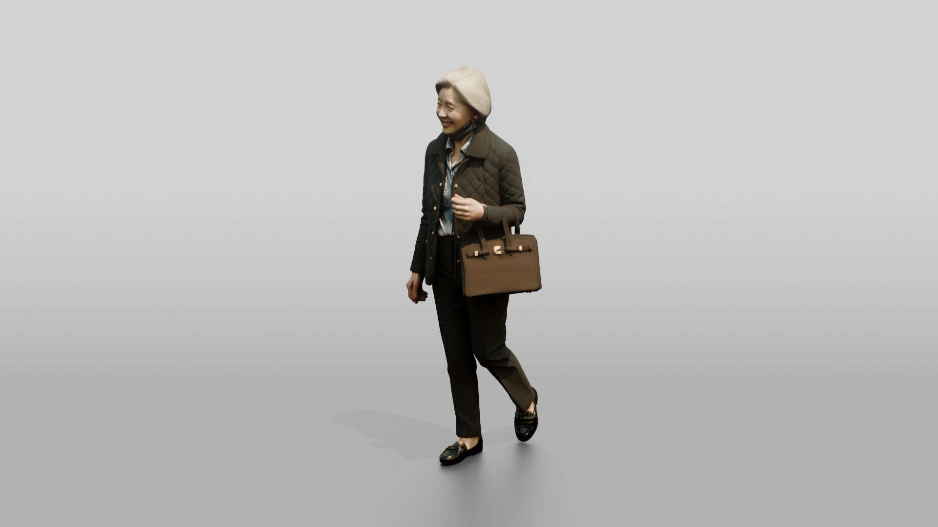 Elderly Asian Woman in Quilted Jacket with Luxury Handbag