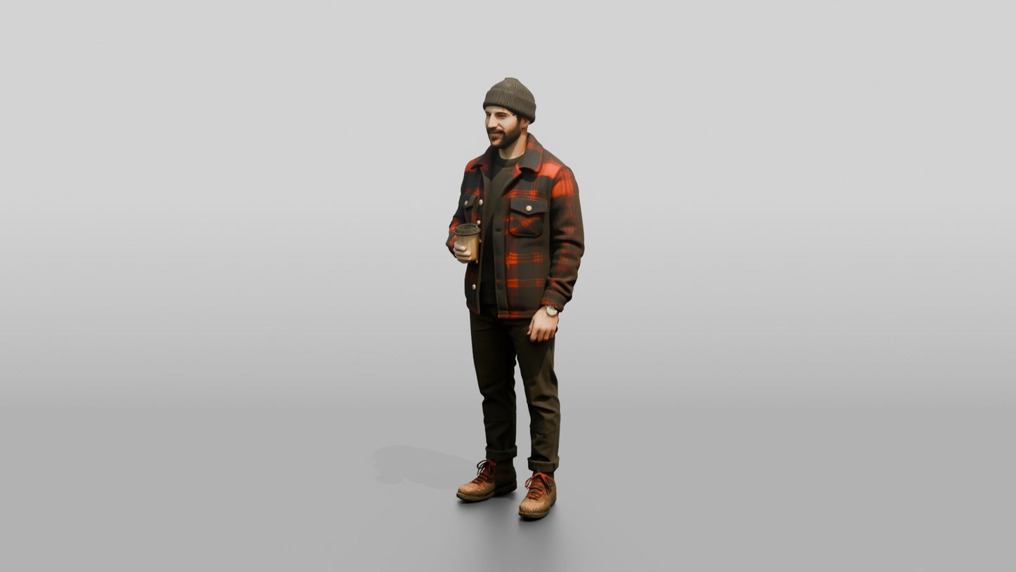 Caucasian Man in Plaid Flannel Jacket with Coffee