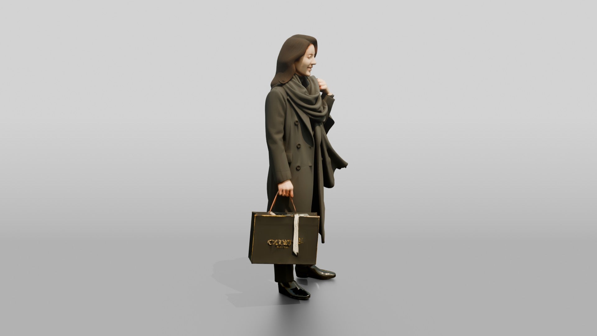 Woman Adjusting Scarf with Designer Shopping Bag