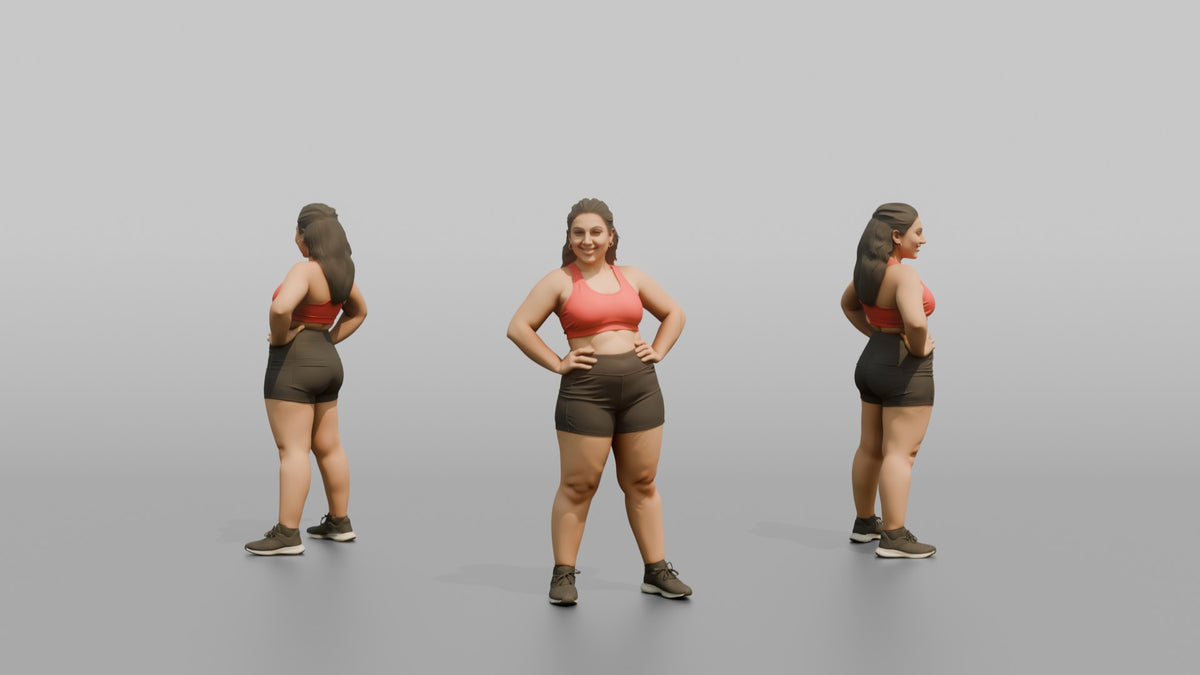Physique Model Woman Leaning Back Slightly, Hands On Hips - 3D character model, view 1