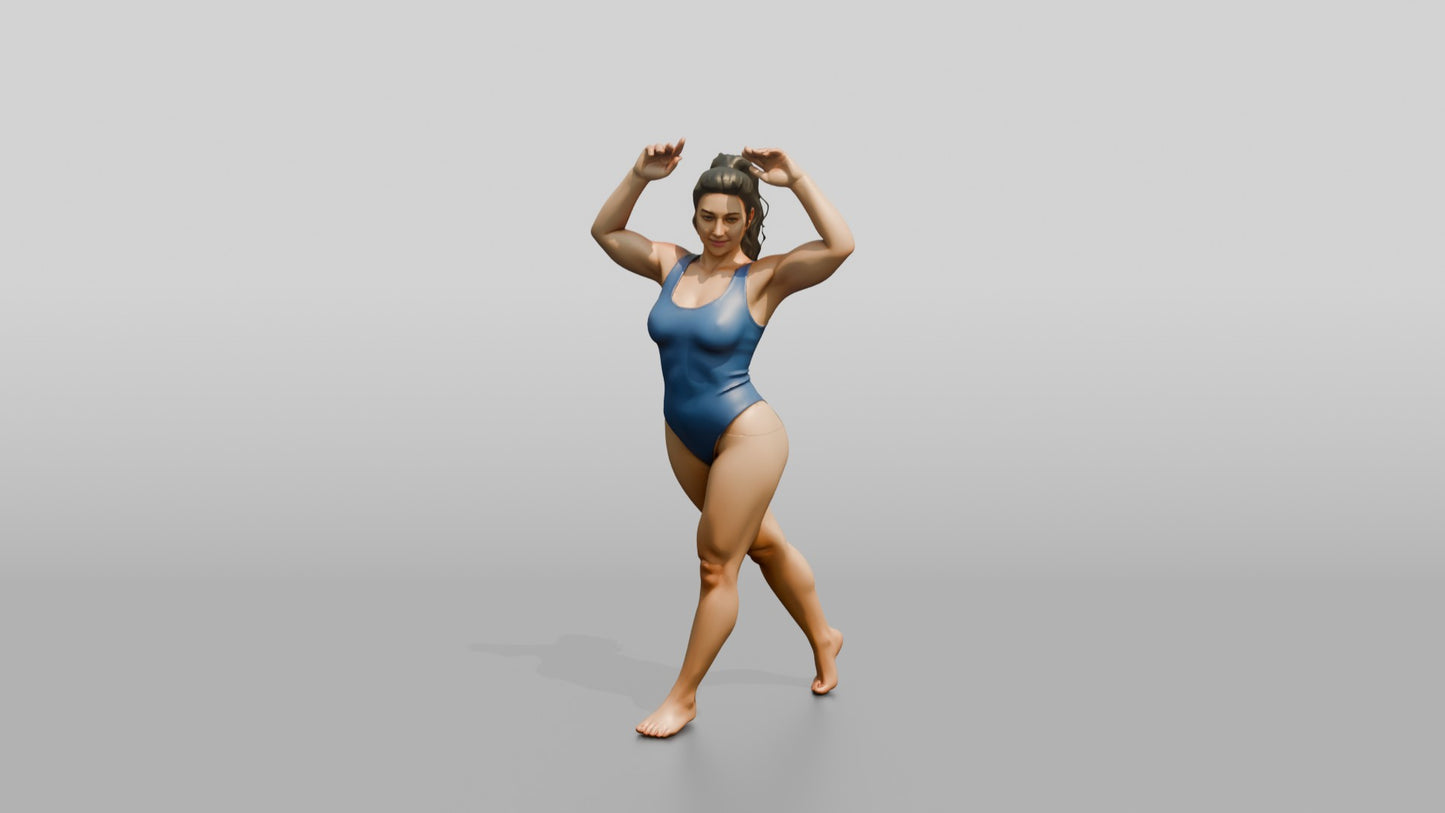 Curvy Woman in Blue Swimsuit Posing with Arms Raised