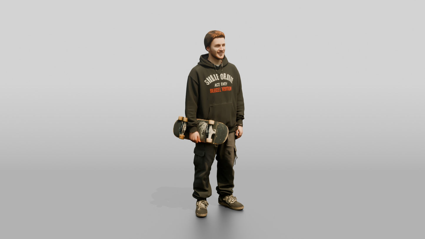 Skater Man in Graphic Hoodie with Skateboard