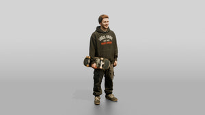 Skater Man in Graphic Hoodie with Skateboard - 3D character model, view 1