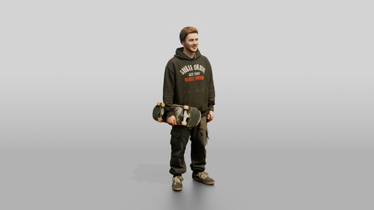 Skater Man in Graphic Hoodie with Skateboard - 3D character model, view 1