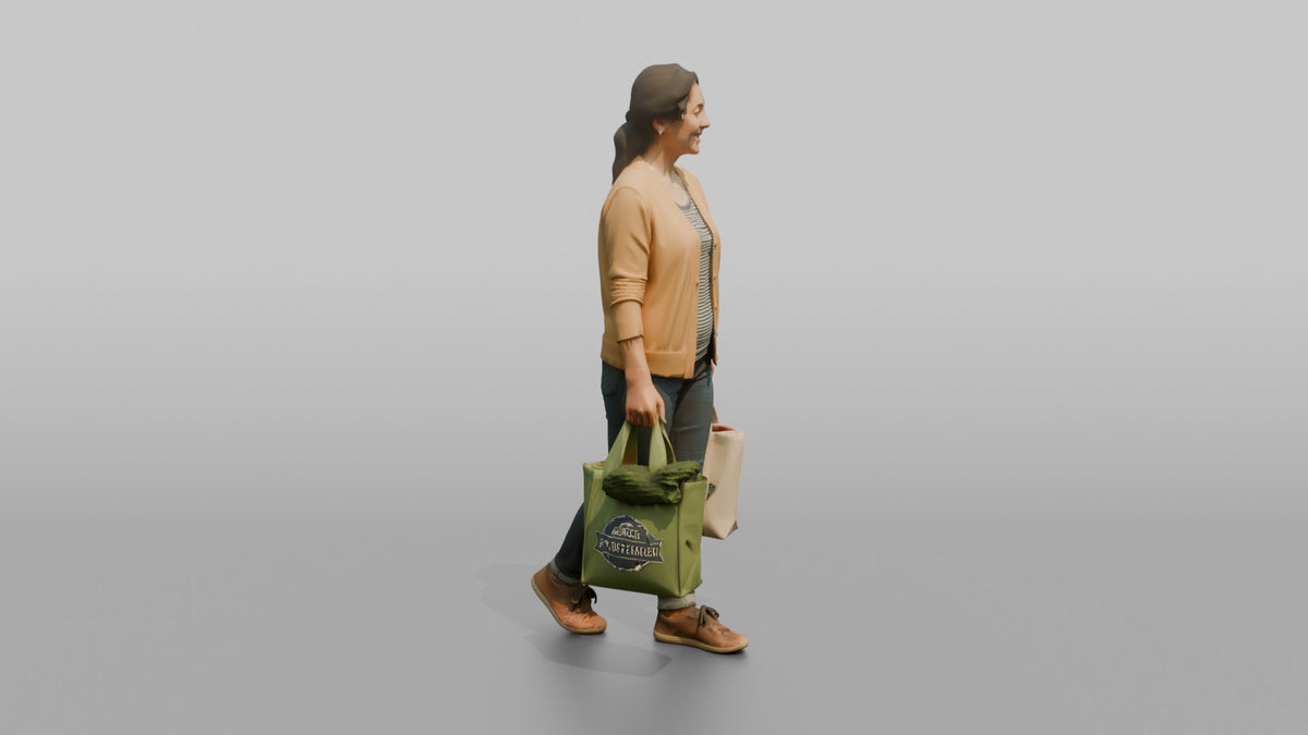 Mother Carrying Two Reusable Grocery Bags - 3D character model, view 2