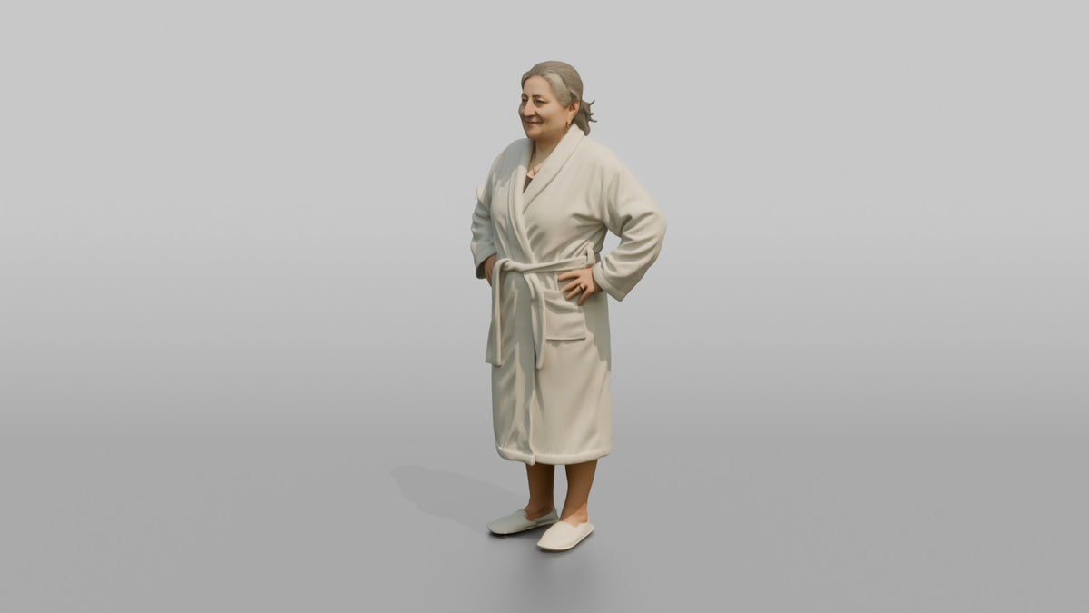 Spa Client Woman Standing Looking Relaxed, Hands Resting On Hips, Robe On - 3D character model, view 4
